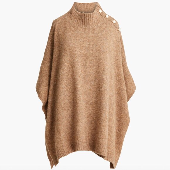 J Crew Button-Neck Poncho Sweater, Wool Blend Knit Mock-neck, One Size - Picture 3 of 7